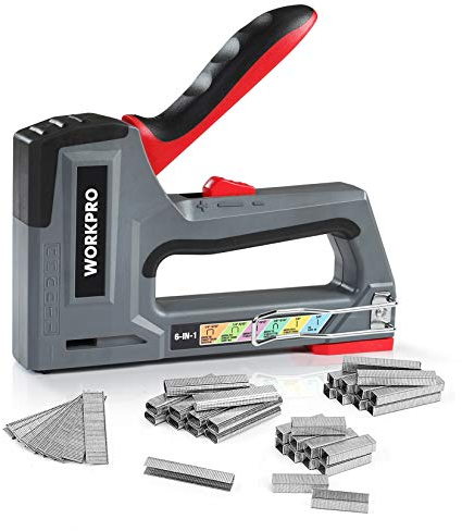 WORKPRO Agrafeuse Murale Multifonction 6 en 1 avec 4000 Agrafes, Agrafeuse Manuelle pour Fixer le Matériel, Décoration de Meuble, Assemblage de Porte, Fenêtre, Armoire