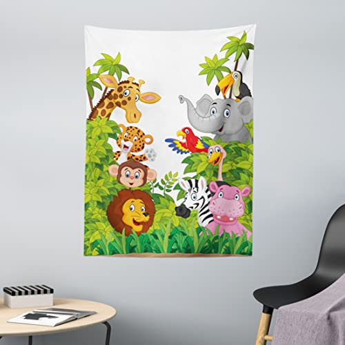 ABAKUHAUS Cartoon Wandteppich, Style Zoo Tiere Safari Dschungel Maskottchen Tropischer Wald Wildlife Muster, aus Weiches Mikrofaser Stoff Wand Dekoration Für Schlafzimmer, 110 x 150 cm, Beige Grün