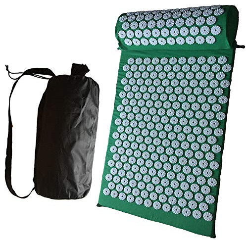 Akupressurmatte und Kissen Set, Spike Druckmatte für Yoga für Rückenschmerzen und Ischias Rückenmassage Muskelentspannung Nach Dem Sport Erholung mit Einer Tragetasche (Green)