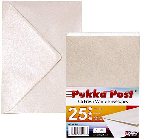 Pukka Pad, Pukka Briefumschläge, gummiert, 100 g/m², 114 x 162 mm, Größe C6, Fresh White, 25 Stück
