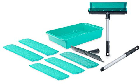 Genius Fensterwischer Set 10 TLG - Fensterputzer + Handgriff, Wanne & Mikrofaserbezug | Fenster-Reiniger für streifenfreie Sauberkeit an Fenster, Dusche, Fliese + Autoscheibe, Grün