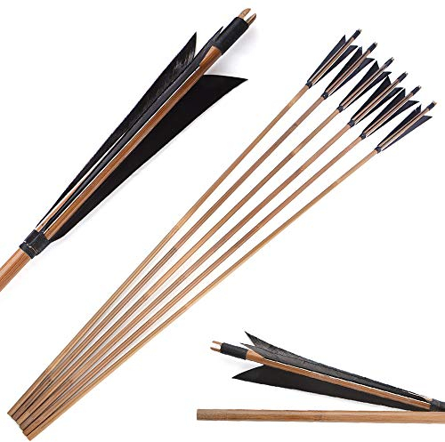 SHARROW 6/12 Stück Bogenschießen Bambuspfeile Traditionelle Jagdpfeile Bambus Pfeilschaft mit 5 Naturfedern Handmade Pfeile aus Bambus für Recurvebogen Traditioneller Langbogen (Schwarz, 6 Stück)
