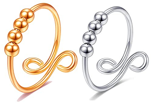 Senidea Fidget Anxiety Beads Ring, Anti Stress Angst Drehring, Spinner Vergoldet Rosengold Ringe, Einfache Geometrische Runde Ring für Damen, Einstellbare Offene Ringe