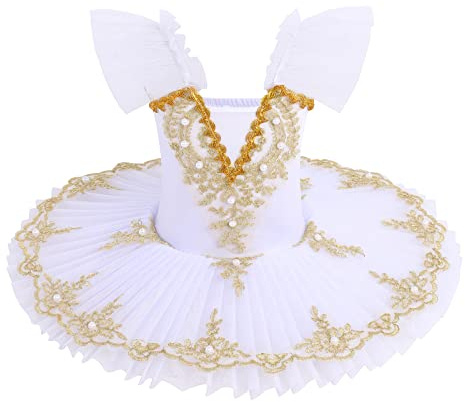 Ballettkleid Mädchen Tanzkostüm Gymnastik Trikot Tanz Modern Dance Kleid Künstlerischer Turnanzug Lateinisches Balletttrikot Trikot mit kurzen Ärmeln Ballkleid Jazz Dancer Tutu Rock Weiß 9-10 Jahre