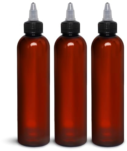 BRIGHTFROM Twist Top Applicator Bottles 8 OZ, Squeeze Empty Plastic Bottles, Black Nozzle, BPA-Free, PET, Refillable, Open/Close Nozzle - Multi Purpose (Amber) Pack of 3