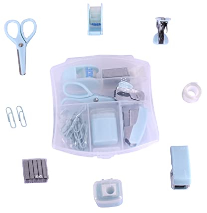 Yizocenguo Mini Office Supply Kits – Includes Mini Stacker,Scissors, Staple Remover, Staples, Tape Dispenser (blue)