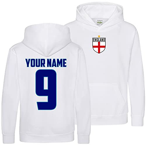 Personalised England Kids Hoodie 2025, Boys and Girls Football Your Custom Name and Number Printed England Hoody, New UPDATED 2025 Hood, Retro Gifts for English Fans, 5-6 Years, White