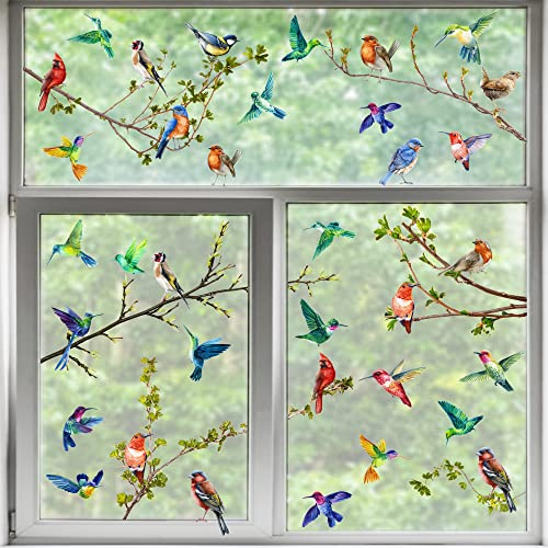 9 Sheet Spring Summer Window Clings Prevent Bird Strikes Glass Window Stickers Hummingbird Branch Double-Sided Window Decals for Home Office DIY Glass Decoration