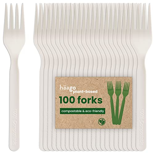 HAAGO - 100 Gabeln Besteck Set - Wiederverwendbares, spülmaschinenfestes Hochleistungsbesteck für Partys, Hochzeiten, Events, für heiße & kalte Speisen - Weiß 18cm / 7“