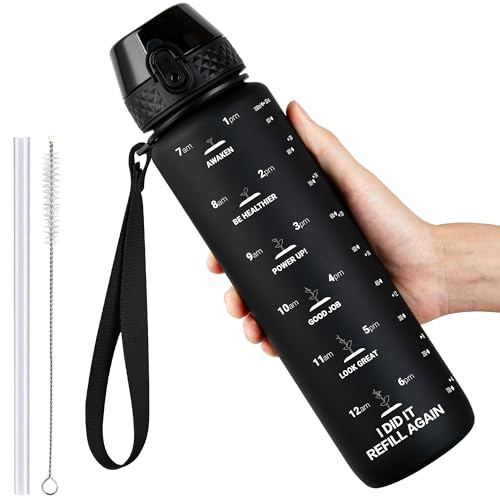 GOPPUS 1L/32oz Tritan Water Bottle with Straw-Soft Matte Finish Leakproof Drink Bottle with Measurements Bottles with Flip Top Motivational Bottles with Time Marks for Adults BPA Free (Black)