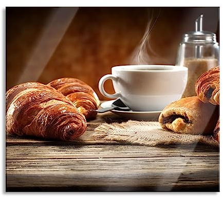 Croissant zum Kaffee Herdabdeckplatte & Spritzschutz aus Echtglas | Für Herd-Kochfelder | 60x52 cm