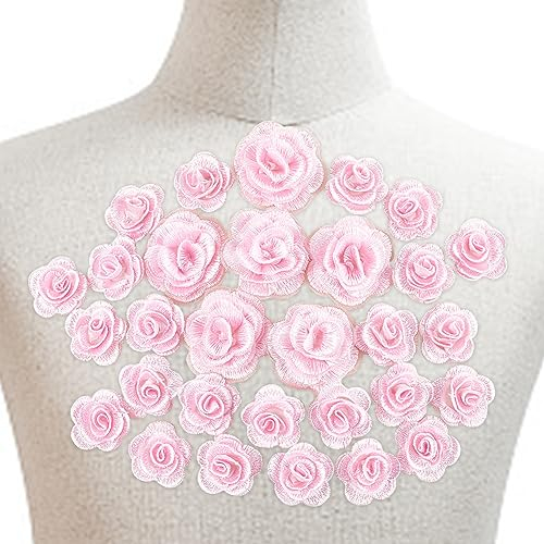 GOMAKERER 30 Stück Blumen-Aufnäher, Rosa Polyester-3D-Blumen-Aufnäher, Bestickte Applikationen, Blumen-Spitzen-Aufnäher, Handgefertigtes DIY-Zubehör Zum Reparieren Und Dekorieren