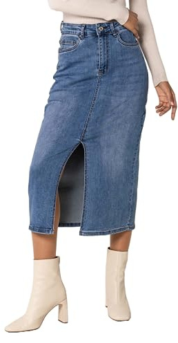 Nina Carter P215 Damen High Waist Wadenlanger Jeansrock mit Vorderem Schlitz Langer Rock Reißverschluss Stretch Used-Look, Blau (P215-5), S