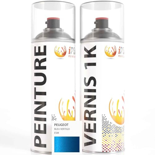 ipixline Kit Retouche Peinture Carrosserie Voiture - Bombe Aérosol Peinture Auto 400 ml, Vernis Brillant 1k 400 ml - Compatible avec Peugeot - Bleu Vertigo ESM
