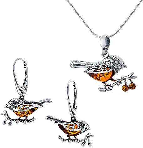 AMBEDORA, Damen Schmuckset Bernsteinspatzen, Oxidiertes Sterling Silber, Baltischer Bernstein in Cognac Farbe, Silberanhänger an Kette und Ohrringe