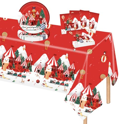 POPOYU Juego de Vajilla de Navidad de 37 Piezas - Platos, Servilletas, Mantel y Cascanueces para Suministros Festivos