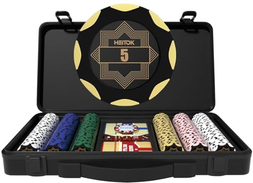 HEITOK Pokerset – Clay Poker Chips Set, 300 Stück mit Nennwerten, 14g Casino Qualität, mit Deutscher Polycarbonat Tragetasche, Art Deco Design, Komplettset für Texas Hold'em, Pokerabend, Turnier