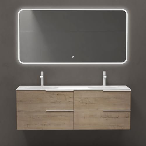 doporro Mobile Bagno Sospeso 144x48x52cm, Mobiletto per Bagno con Lavabo Doppio e Specchio LED, Rovere chiaro, Seria Vanessa