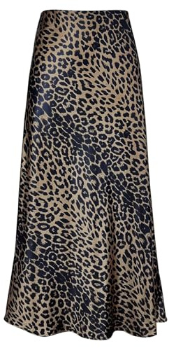 Outoshe Maxirock für Damen, aus Satin, hohe Taille, versteckter elastischer Bund, A-Linie, langer Rock | Versteckter elastischer Bund, Schrägschnitt, Leopardenmuster, Arbeit, Herbst, elegante Outfits, seidiger Slip-Rock