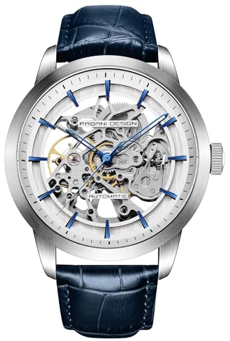 Pagani Design 1638 Herrenuhr 43MM Skelettierte Automatik Herrenuhr mit Saphirglasgehäuse Edelstahlgehäuse Lederarmband Luxus Sportuhr. (Silberblau)