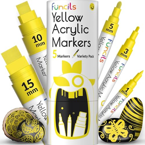 Funcils 5 Yellow Acrylic Paint Pen - Multi-Purpose Marker for Wood, Rock | Extra Fine Tip, Thin & Jumbo (1mm, 3mm, 6mm, 10mm, 15mm) - Paint Markers for Metal, Fabric, Canvas, Glass - Water-based Ink