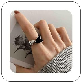 Cimenexe Anillo de corazón esmaltado punk, anillo de plata con doble corazón, anillo de corazón esmaltado negro, anillo de corazón pequeño, anillo medio abierto, anillo ajustable, joyería para mujeres