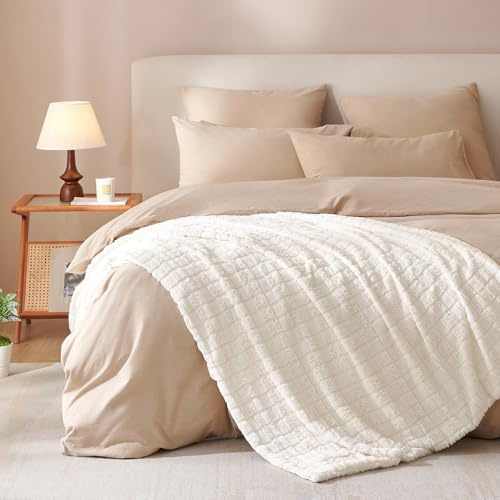 Covebett Couverture douillette en peluche - 220 x 240 cm - Crème et blanc uni - À carreaux - Douce et chaude - Toucher cachemire - Fausse fourrure - Pour canapé, lit, canapé