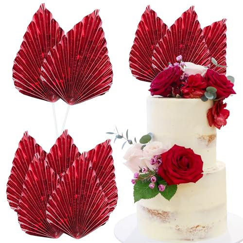 Ephlyn 6 decorazioni per torte a ventaglio con foglie di palma e foglie di palma, decorazioni per torte fai da te, decorazioni per torte per baby shower, matrimoni, feste di compleanno, colore: rosso