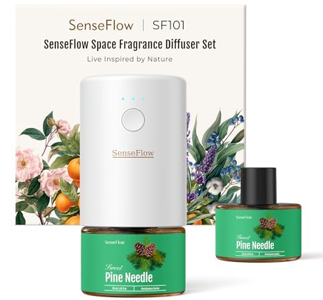 SenseFlow Aroma Diffuser für Ätherische Öle SF101, Wasserloser Ultraschall Duftstecker Raumduft, 100% pflanzlich Lufterfrischer, 120-Tage Aroma für Zuhause, Hotel - bis zu 100 m² - Kiefernnadeln