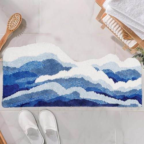 Blaue 3D‑Wellen Badezimmerteppich, TPR Rutschfester Badvorleger 50×120 cm | Weicher Mikrofaser & Saugstarker Badteppich für Badezimmer, Duschausgang, Schlafzimmer‑Bettkante, Küche & Neben Badewanne