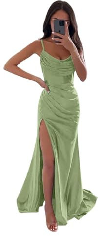 Infuness Robe De Demoiselle d'honneur en Satin à Bretelles Spaghetti pour Femmes Robe De Bal Sirène à Col Bénitier Robe Longue Formelle avec Fente