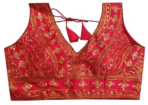 IMTRA FASHION Indisk färdiggjord Tussar silkes sari blus för kvinnor Crop Top Choli, Röd, 66