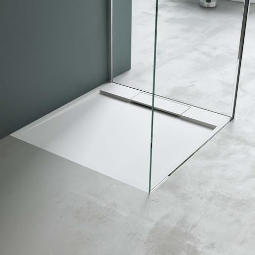 Mai & Mai Piatto Doccia in Marmo Resina Effetto Pietra Cemento | Superficie Antiscivolo con Piletta di Scarico Inclusa (AL06) | Forma Quadrata, 75x75x4cm, Bianco, Geoma04
