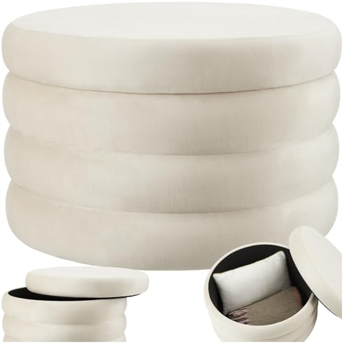 tectake® Sgabello Imbottito, Sgabello Contenitore, Stile Scandinavo, Sgabello Camera da Letto, Contenitore Rotondo, Pouf Sgabello da Salotto - Effetto Velluto Crema/Bianco, Ø 67 x 42 cm