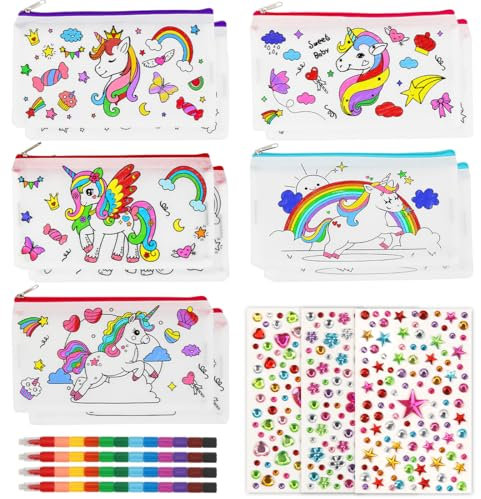 Einhorn Federmäppchen zum Bemalen, Stoffbeutel zum Bemalen, 10 Taschen zum Bemalen+4 Wachsmalstifte Stapelbar (12 Farben in 1), Party Mitgebsel Bastelset Kindergeburtstag Gastgeschenk für Kinder