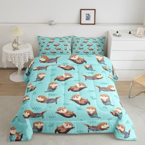 Juego de ropa de cama infantil de nutria, lindo juego de edredón de animales salvajes de dibujos animados para niños, niñas y adolescentes, edredón acolchado con estampado de grafiti de plantas verdes
