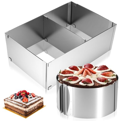 Weskjer 2 Stück DIY Einziehbare Verstellbare Mousse-Kuchenform (Quadratisch10 cm Hoch, Länge 28–52,5 cm + Rund 8 cm Hoch 6 Bis 12 Zoll) Edelstahl Verstellbarer Tortenring für Dessertcreme, Kuchen
