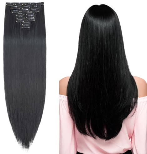 SEGO Pro Clip in Hair Extensions 8 Pcs 18 Clips Full Head Synthetic Fiber Hair Pieces for Women, Straight 26 Inch (Dark Black)