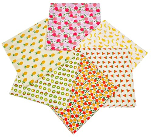 Letsinstyle 6 paquete de 20 x 20 telas Acolchadas de Algodón, Tela de Patchwork con Estampado de Frutas, Precortada, Cuadrados Gruesos