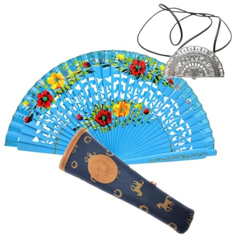 Abanico Plegable de Madera con Flores Pintadadas a Mano con Funda y Cuelga Abanicos. Funda de Lona con Crermallera y Cuelga Abanico Metálico (Cielo de Verano)
