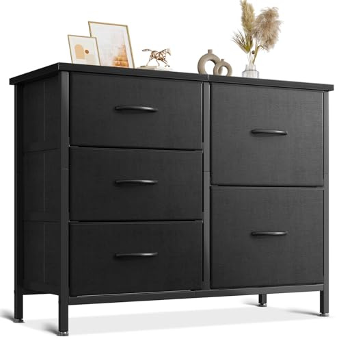 Coleshome Svart litet sovrum byrå med 5 tyglådor | 2 stora lådor, 3 små lådor, robust stålram, träbricka, 76 x 29 x 60 cm