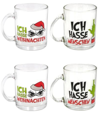 M.Kritzinger's Trinkglas mit Henkel Weihnachtsmuffel Festtags-Muffel, 350ml, 4er Set > 4x350 ml lustige Anti-Weihnachts-Tasse aus Glas, spülmaschinengeeignet
