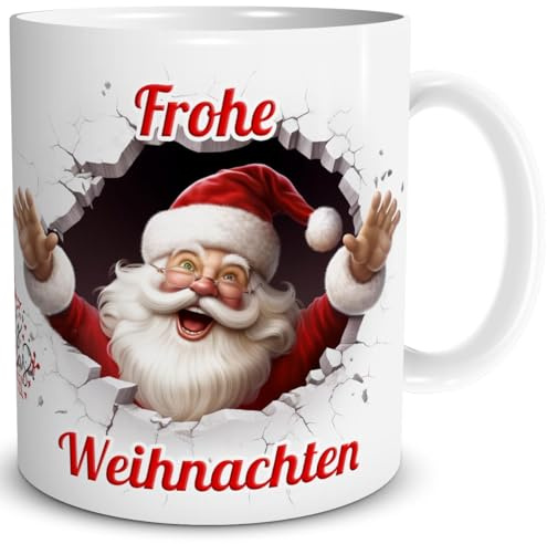 TRIOSK Weihnachtstasse 3D Illusion Weihnachtsmann mit Spruch Frohe Weihnachten - Lustiges Becher-Durchbruch Geschenk für Santa-Fans, Frauen, Männer & Kollegen - Keramik-Tasse 300 ml, Rot