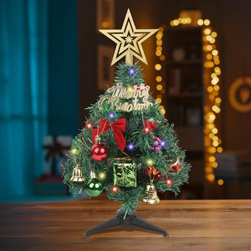 Small Christmas Tree with Light Tabletop, Mini Christmas Tree 30cm with Christmas Baubles Ornaments Desktop Xmas Tree for Christmas Home Decorations