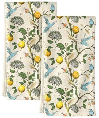 Dermalyx 2 Piezas Set de Paños de Cocina de Limón, Toallas de Algodón con Cintas para Colgar, Paños Reutilizables para Lavar y Limpiar Absorbentes con Elasticidad 45 x 66