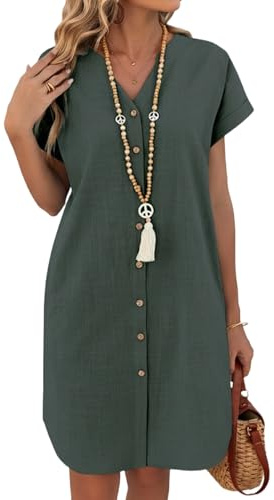 Zeagoo Robe en Lin Femme Manches Courtes Col en V Chemise Robe Été Décontractée Robes à Poche Mini Robes de Plage Vert Militaire XXL