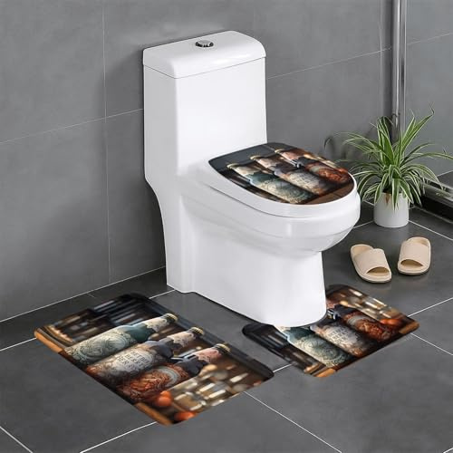 HJFCZH Anti-Rutsch-Badezimmerteppich-Set mit 3 Bierflaschen-Muster, 3-teilig, konturierte, ovale und rechteckige Matten für WC, Waschtisch und Toiletten