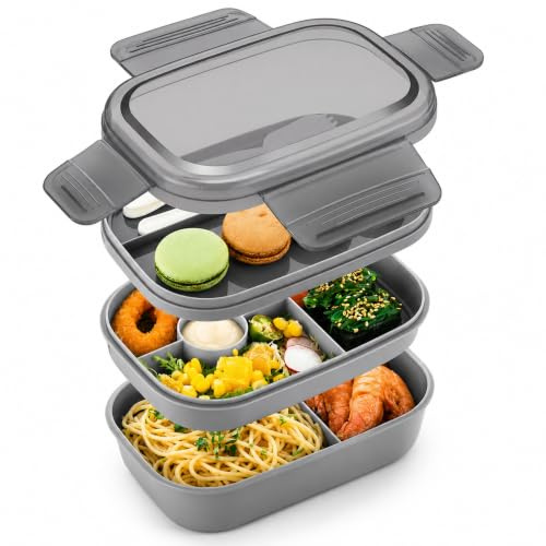 URMONA Lunchbox Erwachsene 1900ml Auslaufsicher Brotdose Bento Box Fächer | Grau, Salatbox To Go, Meal Prep Behälter, Frühstücksbox BPA-frei mit Gabel für Büro Schule Arbeit Picknick Reisen Küche