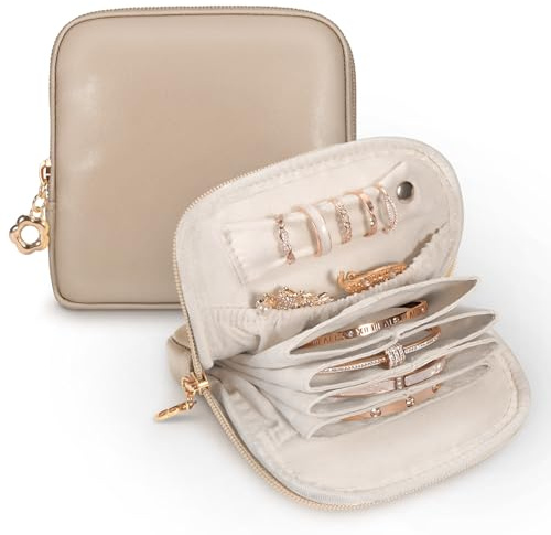 SITHON Small Travel Jewelry Case with Ring Holder, Mini Velvet Jewelry Pouch Bags, Compact Storage Organizer for Bracelet Necklaces Earrings Travel Essentials, Mother’s Day Gifts (Toffee)