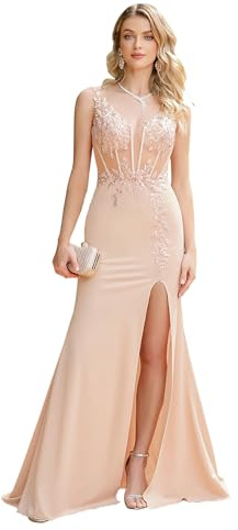 BABYONLINE D.R.E.S.S. Robe de Soirée Longue Sirène avec Fente Latérale, Appliqués Floraux, Dos Nu, Champagne, pour Bal et Mariage